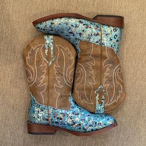 Roper Girl Kids Square Toe Blue Glitter Faux Leather Western Cowboy Boots US 3